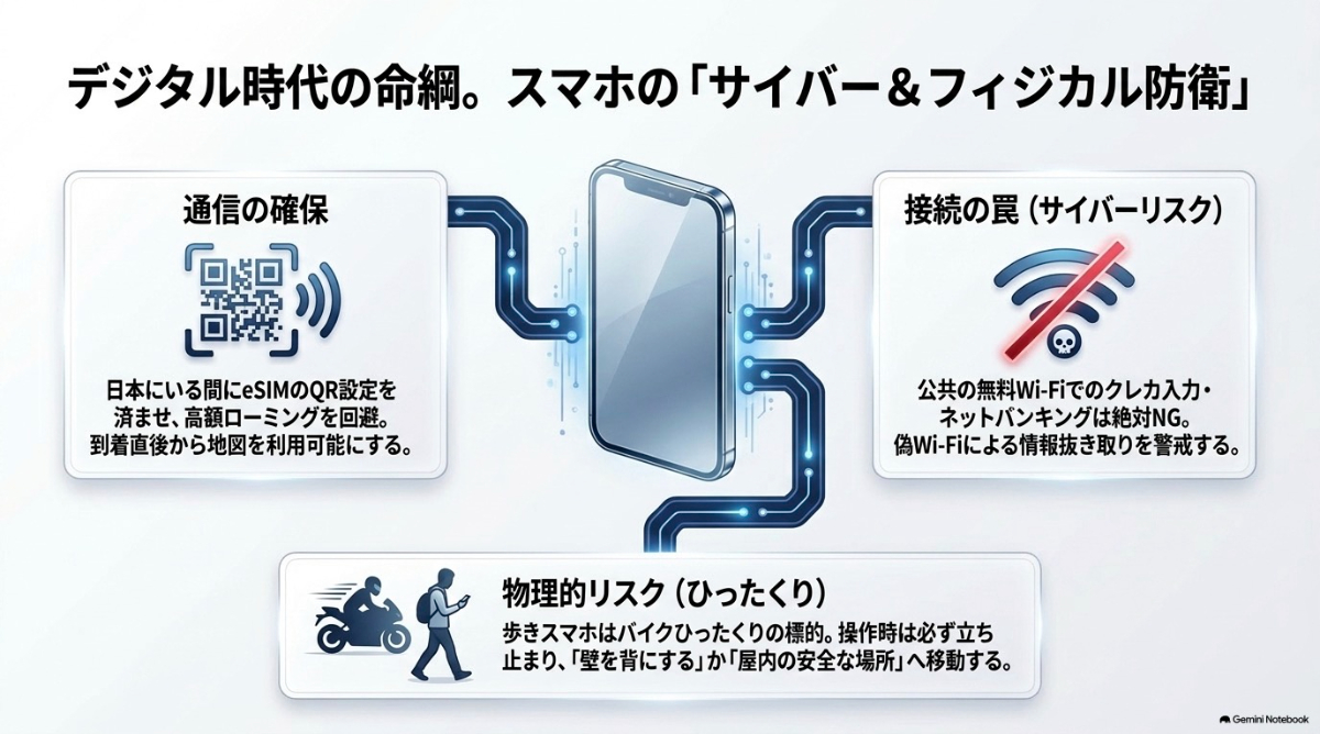 通信環境の確保、無料Wi-Fiでのリスク、歩きスマホによるリスクを解説したスライド