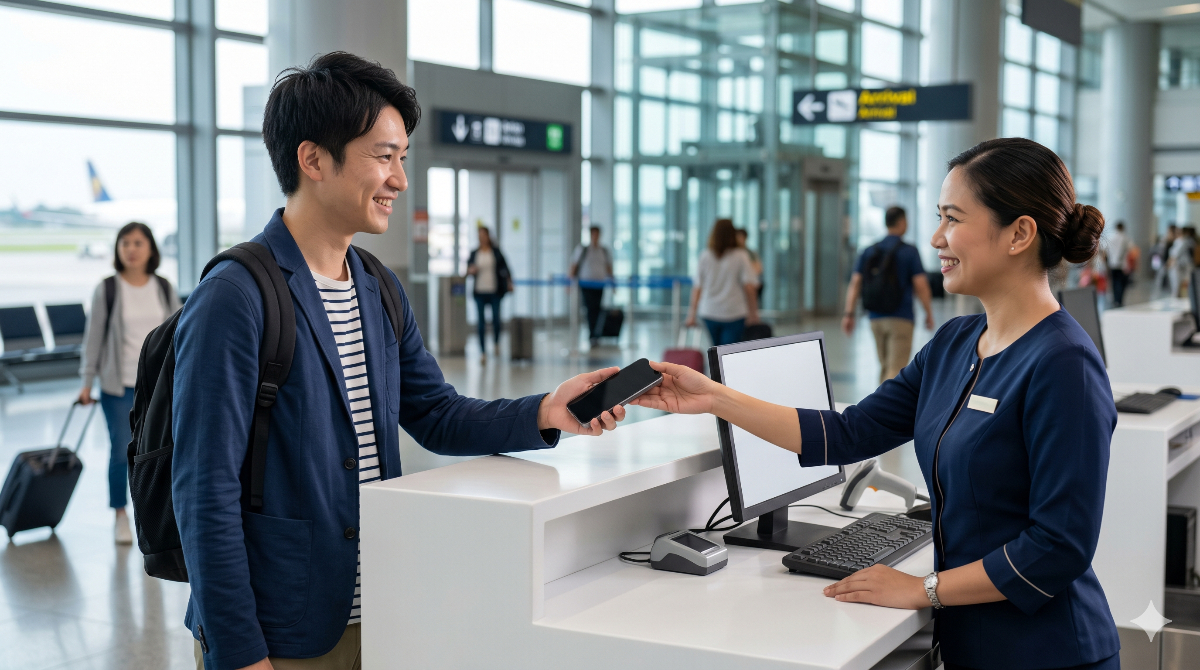 フィリピン現地の空港カウンターでスタッフにスマートフォンのSIMカード設定を依頼する日本人旅行者