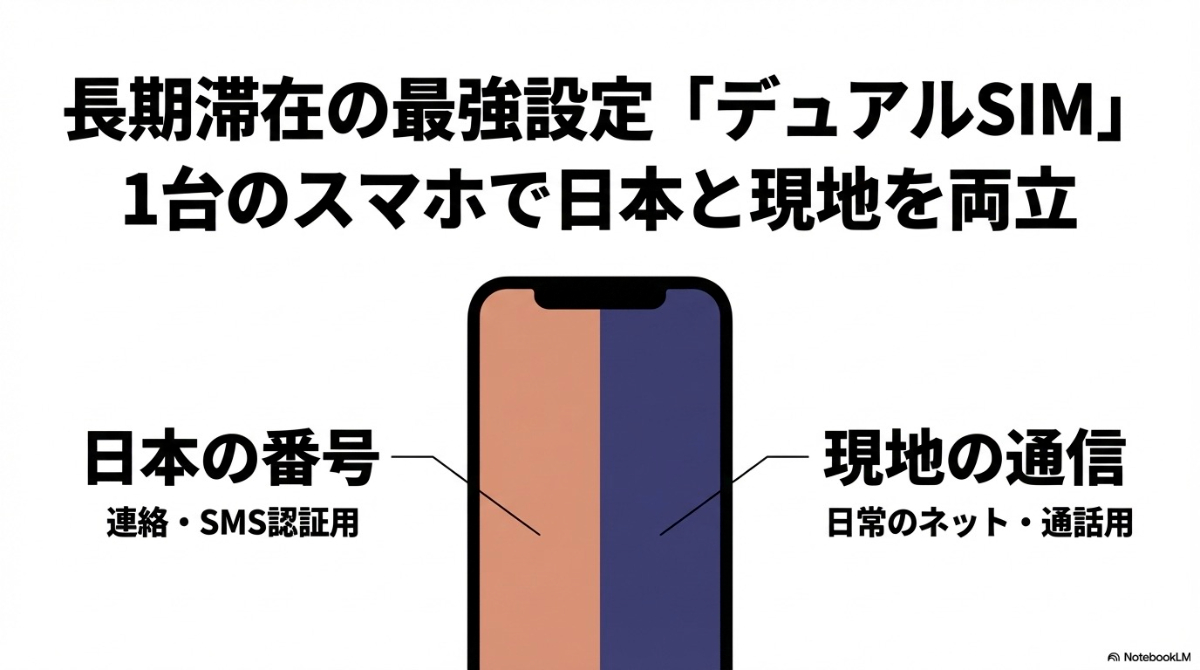 1台のスマートフォンで日本の番号（連絡・SMS認証用）と現地の通信（日常のネット・通話用）を両立させるデュアルSIMの設定