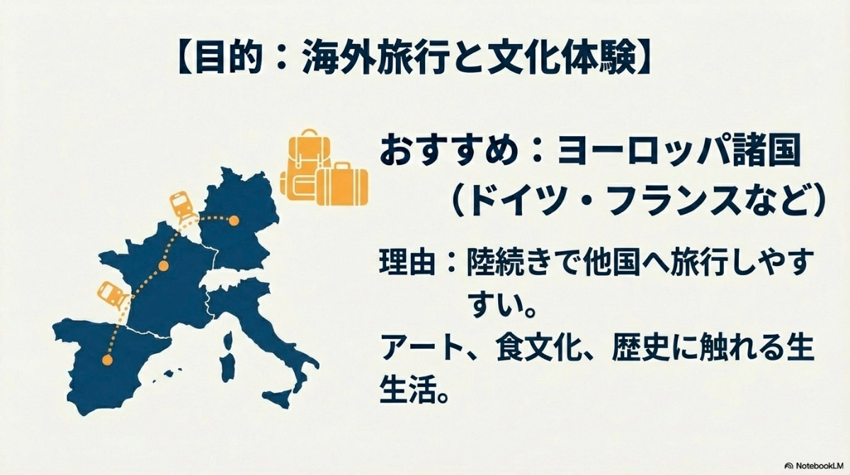 海外旅行と文化体験を目的とする人におすすめの国としてヨーロッパ諸国を紹介するイラスト。陸続きで旅行しやすく、アートや歴史に触れられる。