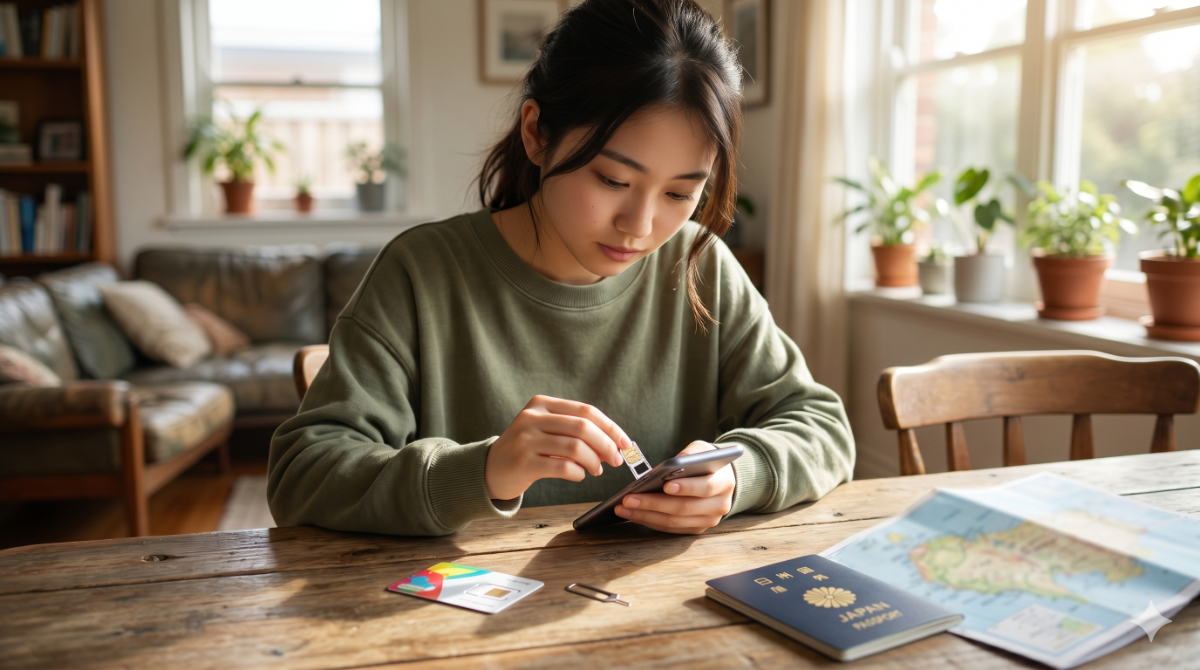 オーストラリアのシェアハウスで物理SIMカードを入れ替えている日本人女性の様子。