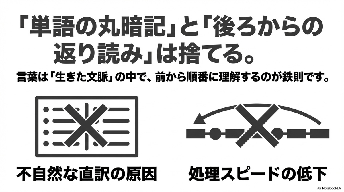 リスト型の単語の丸暗記と、英文を後ろから前に訳す返り読みを忠告する図解