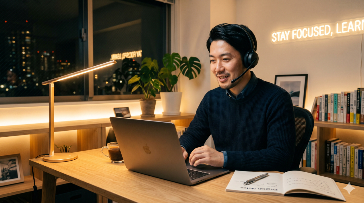 自宅デスクでヘッドセットを着用し真剣にオンライン英会話のトレーニングを受ける日本の社会人男性