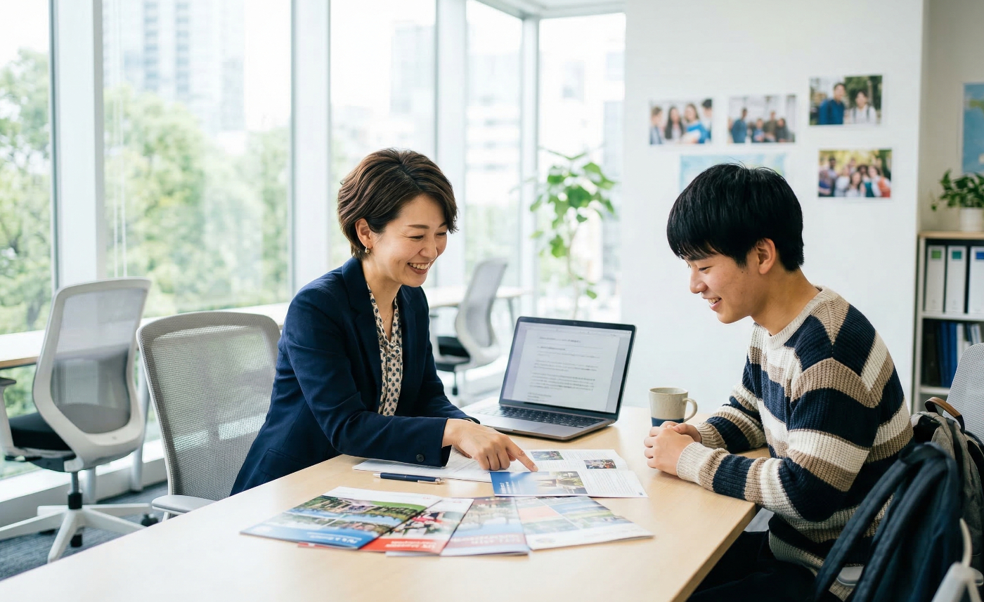 清潔感のあるオフィスで、女性カウンセラーから資料を用いて説明を受ける日本人学生。専門的な留学相談の風景。