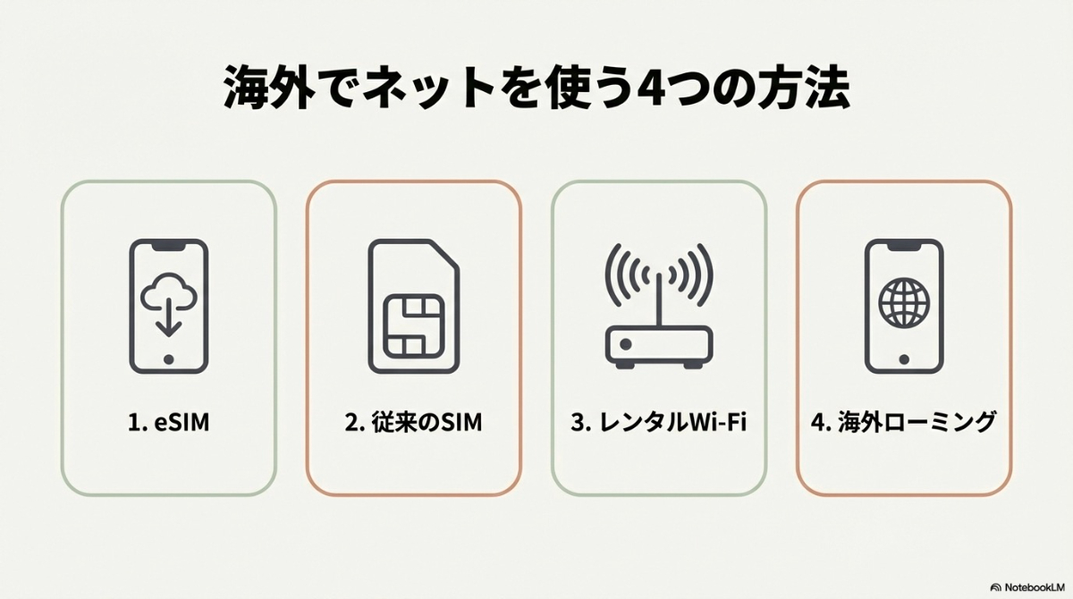 eSIM、従来のSIM、レンタルWi-Fi、海外ローミングという海外でネットを使う4つの方法を示したリスト