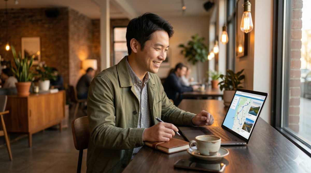 カフェでコーヒーを飲みながらノートパソコンで海外航空券の予約をしている日本人男性