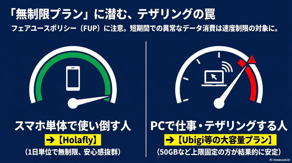 無制限プランに潜むテザリングの制限や、短期間での異常なデータ消費によるフェアユースポリシー（FUP）の注意点