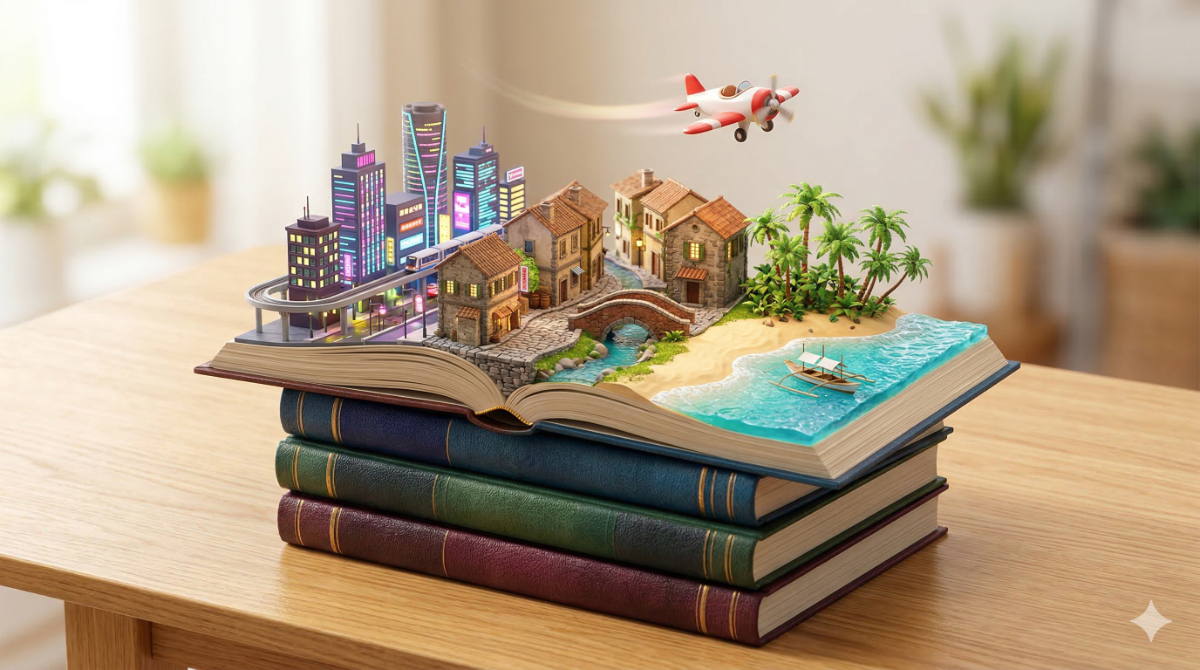 積み重ねられた本の上に、さまざまな国を象徴するミニチュアの世界が広がっているイメージ