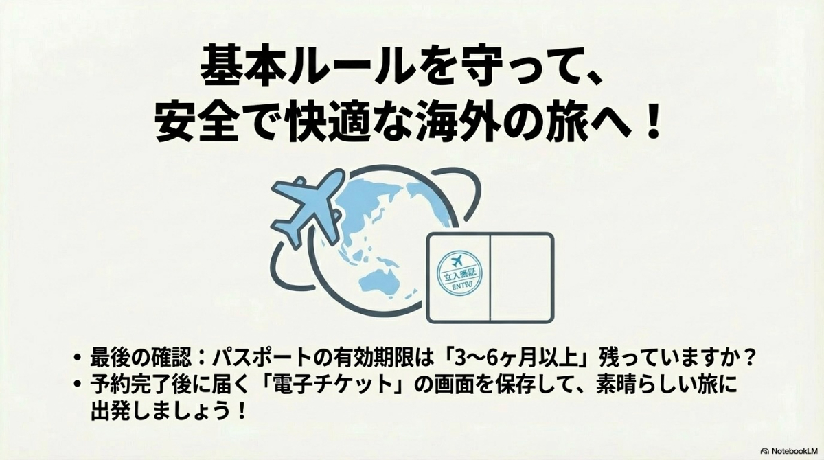 地球と飛行機、パスポートの入国スタンプの図。「基本ルールを守って、安全で快適な海外の旅へ!」というメッセージとともに、有効期限が3〜6ヶ月以上残っているかの最終確認と、電子チケットの保存を呼びかけるスライド 。