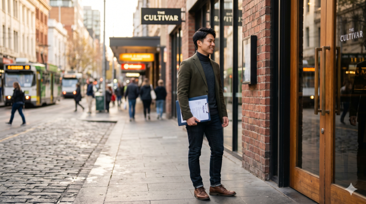オーストラリアの街角で、履歴書を持って現地のレストランで飛び込み営業(Walk-in)をする日本人男性。