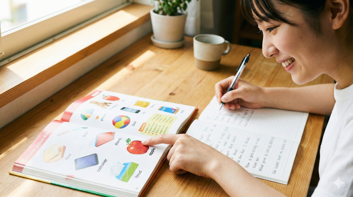 日本人の英語学習者が、りんごの絵と「Apple」という文字が描かれたピクチャーディクショナリーのページを指差し、音声を聞きながら発音し、スペルを書いている様子を描いた写真。日本語訳を介さずにイメージと音と文字を結びつける学習法を表現。