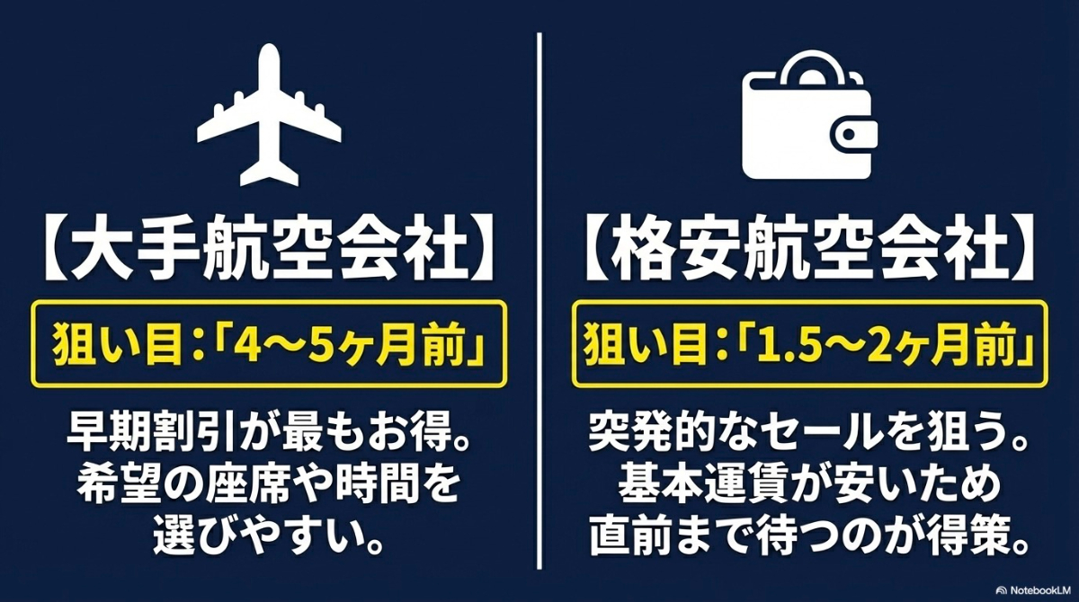 大手航空会社は4〜5ヶ月前が狙い目で早期割引がお得 、格安航空会社は1.5〜2ヶ月前やセールを狙うのが得策であることを示すスライド 。