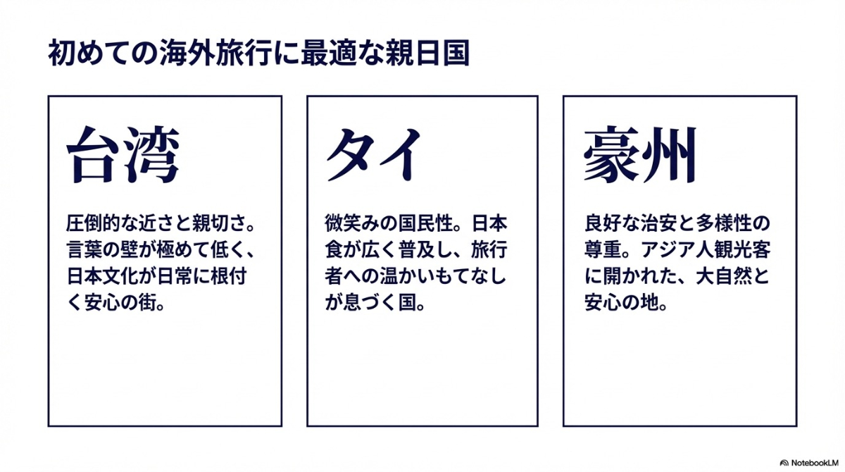 初めての海外旅行に最適な親日国として、台湾、タイ、豪州の魅力を紹介するスライド
