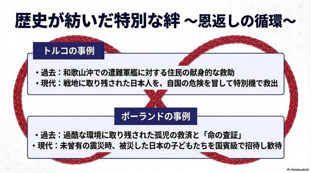 トルコやポーランドの事例を通して、過去から現代へと続く歴史と絆を表すスライド