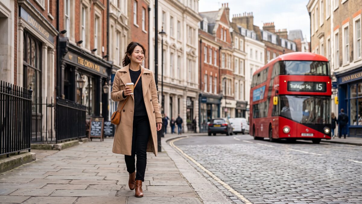 イギリスの歴史的な街並みを歩きながらワーホリ生活の魅力を体験する日本人女性