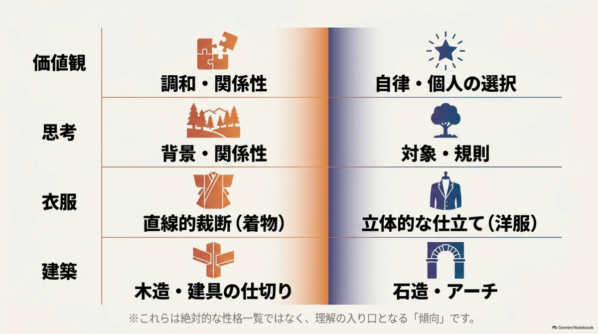 価値観や思考、衣服、建築において、東洋と西洋でよく取り上げられる傾向を対比させた表