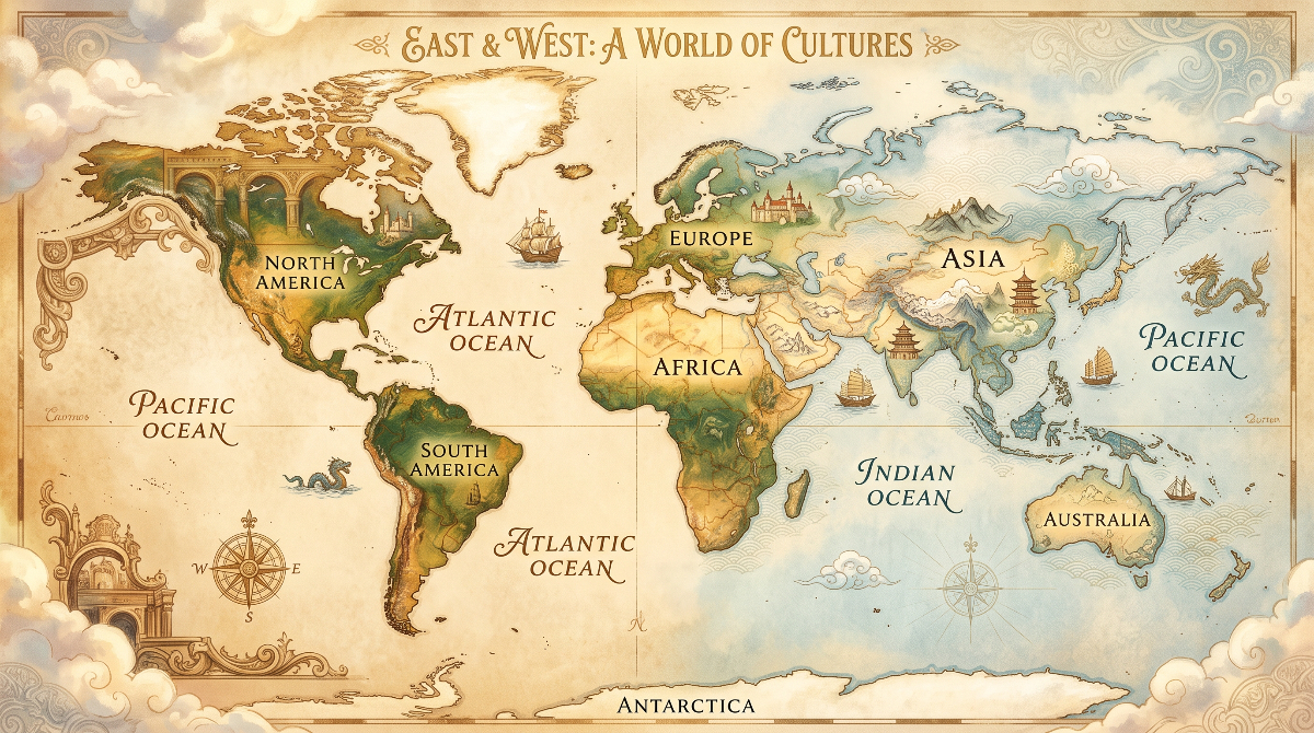 東洋と西洋の文化や価値観の違いをイメージした世界地図のイラスト