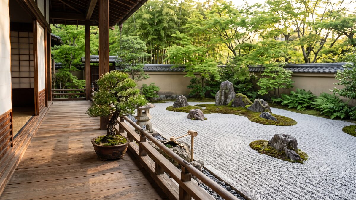 枯山水の石庭と盆栽。東洋の禅の精神性を表現した風景