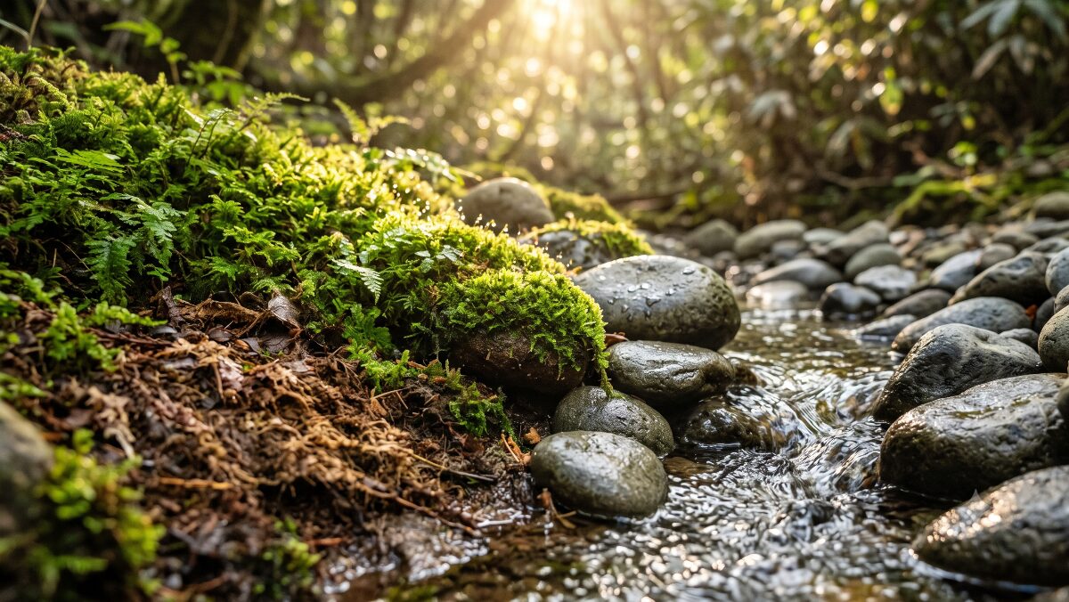自然との調和を重んじる世界観を表現した森の風景