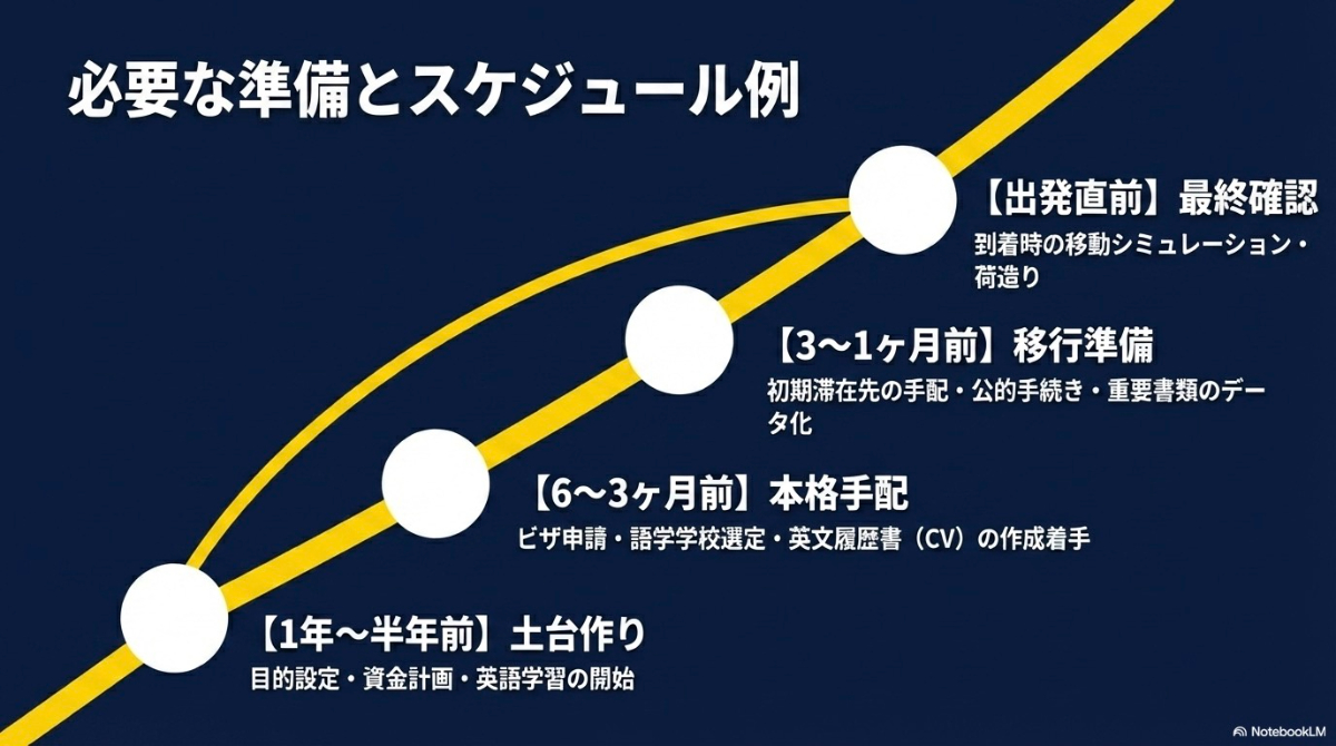 出発の1年前から直前までの、土台作り、本格手配、移行準備、最終確認といったスケジュールを示すタイムラインの図解