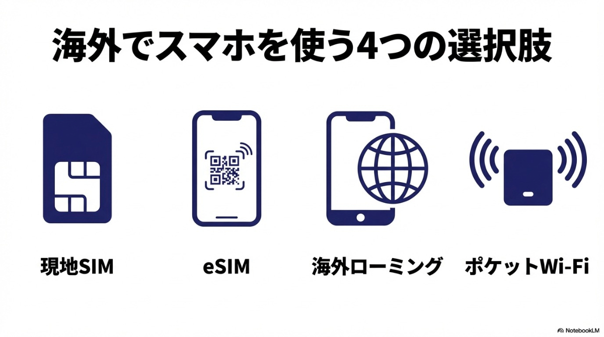 海外でスマホを使うための4つの選択肢（現地SIM、eSIM、海外ローミング、ポケットWi-Fi）を示すアイコン