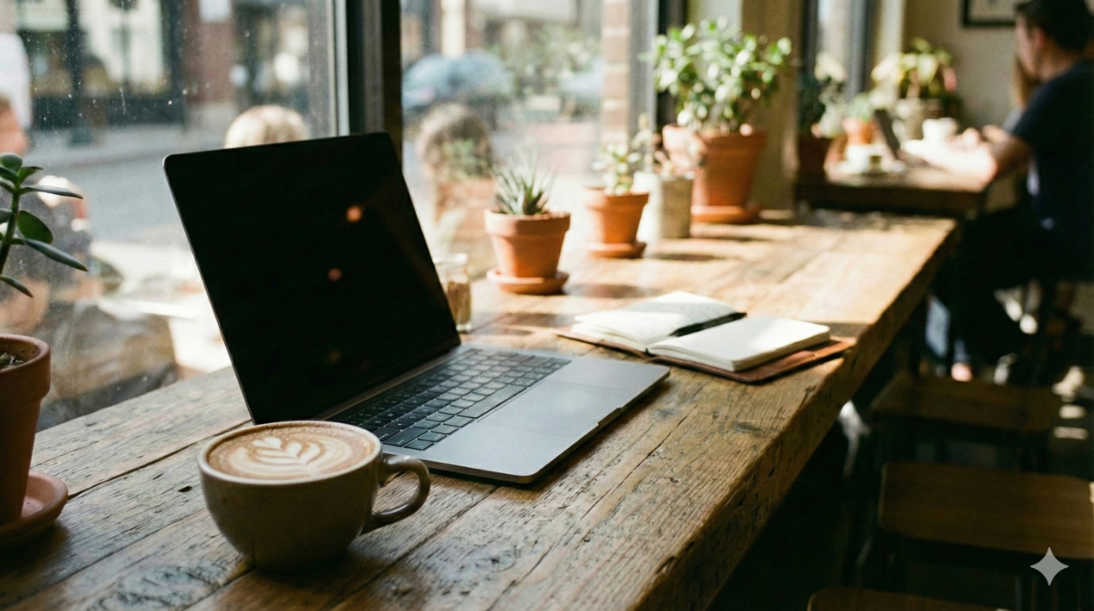 カフェのテーブルに置かれたスタイリッシュなシルバーのノートパソコンとコーヒー、英語学習のモチベーションを高める快適な学習環境のイメージ