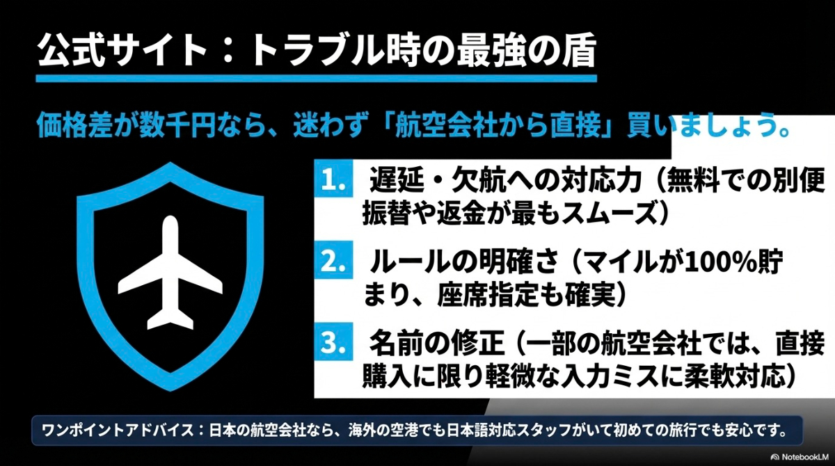 トラブル時の遅延対応力やマイルの貯まりやすさなど、航空会社公式サイトで直接予約するメリットをまとめたスライド
