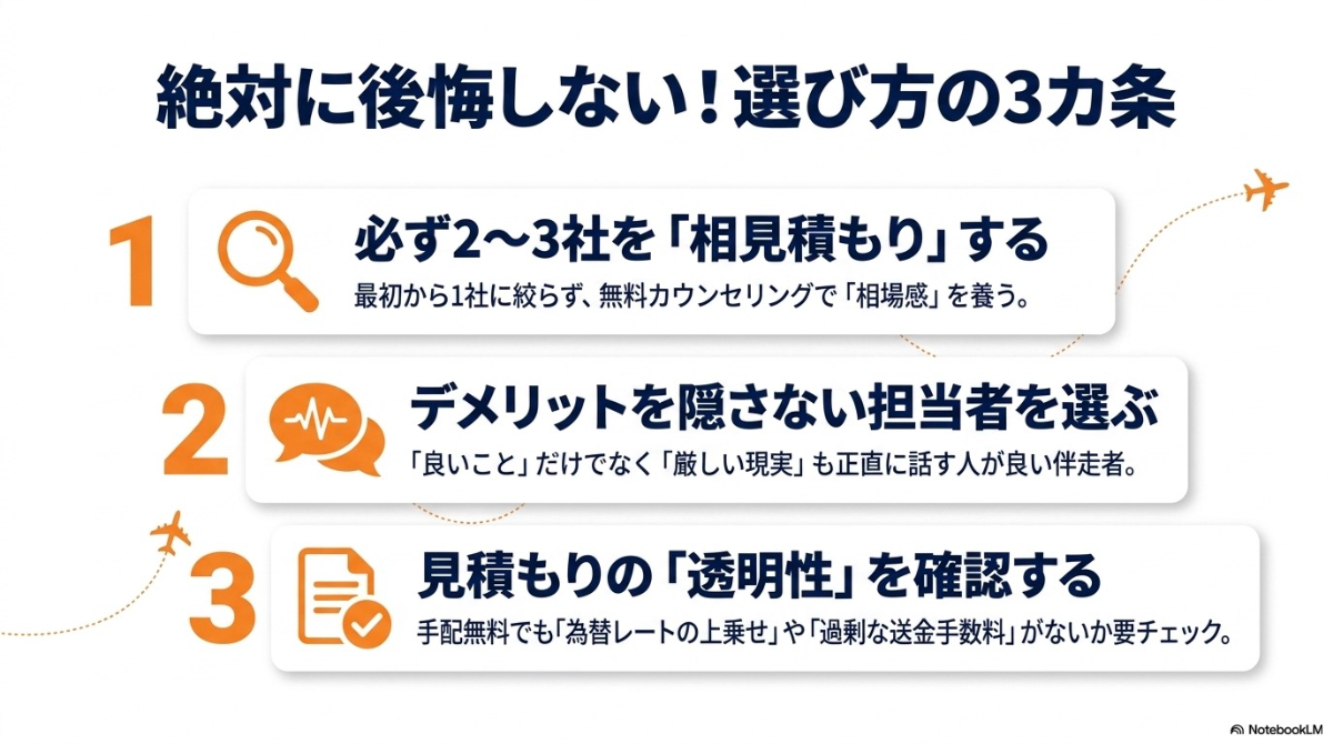 相見積もり、デメリットを隠さない担当者、見積もりの透明性という留学エージェント選びで後悔しないための3つのポイント
