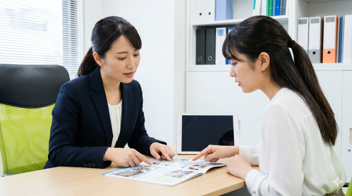 留学エージェントのオフィスで女性カウンセラーが学生にパンフレットを見せながら説明をする様子