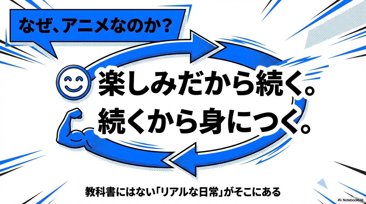 なぜアニメなのか？楽しみだから続き、続くから身につくという理由と、教科書にはないリアルな日常があることを説明するスライド