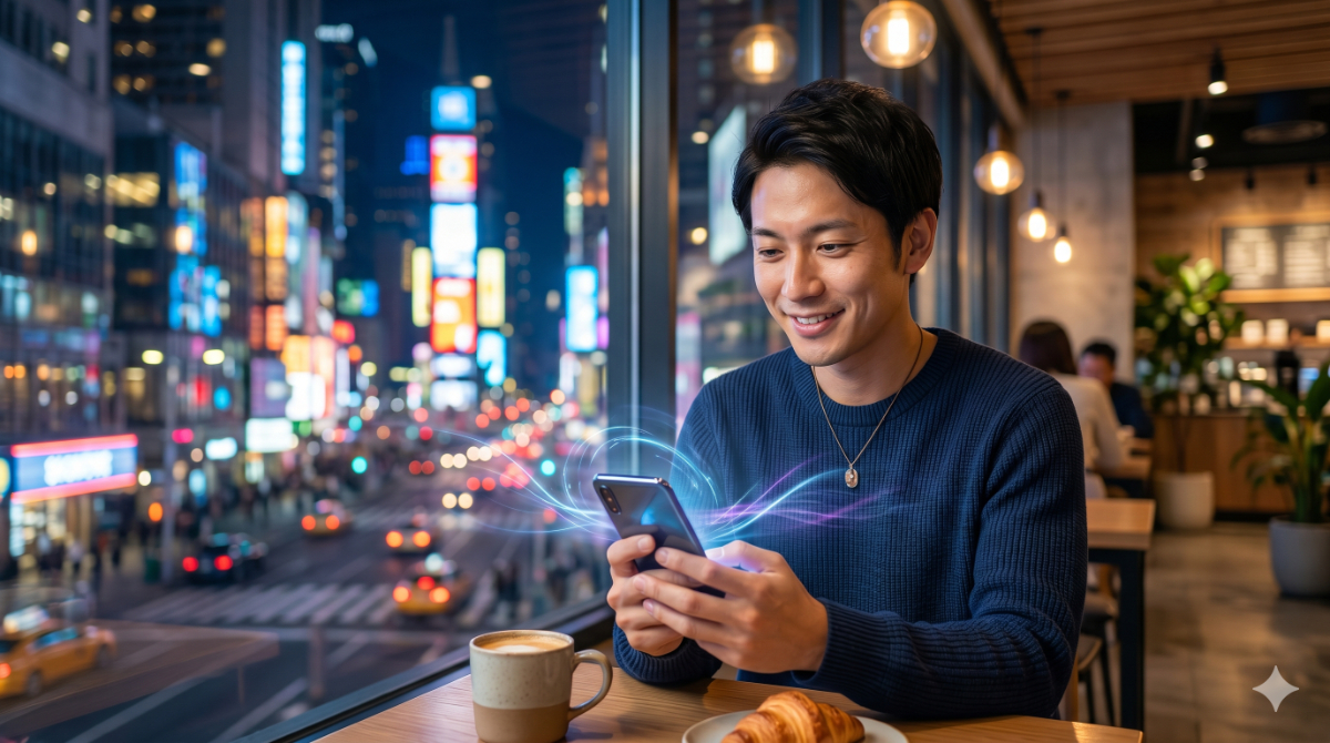 大都市の夜景を背景に、カフェの窓際でスマートフォンを快適に操作する日本人男性の様子。