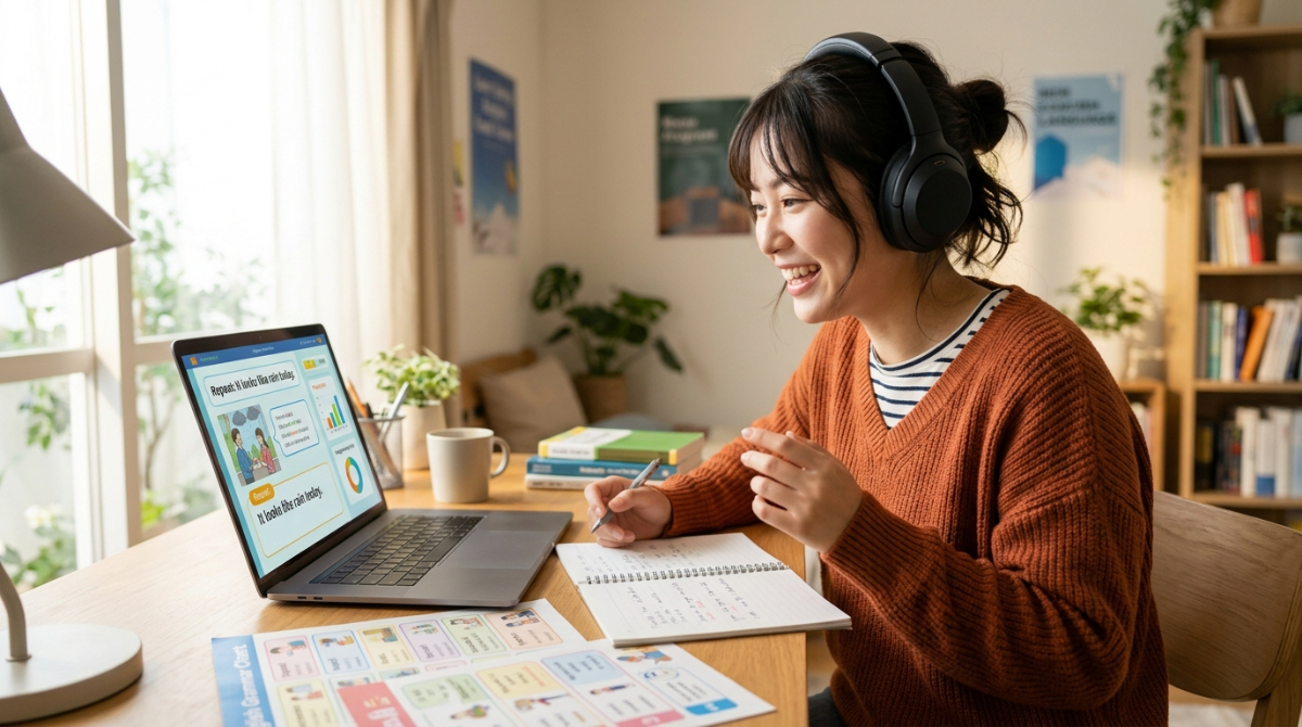 基礎的な英語を楽しく学習している日本人女性の様子