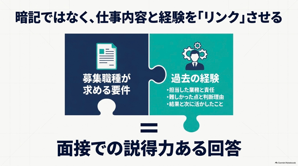 暗記ではなく過去の担当業務や判断理由・結果を募集職種が求める要件とリンクさせて説得力ある回答を作るポイント