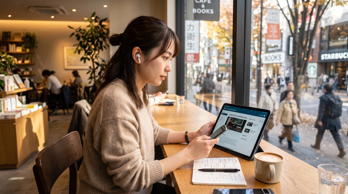 カフェでスマートフォンとタブレットを使い分けながら英語学習アプリを活用する日本人女性