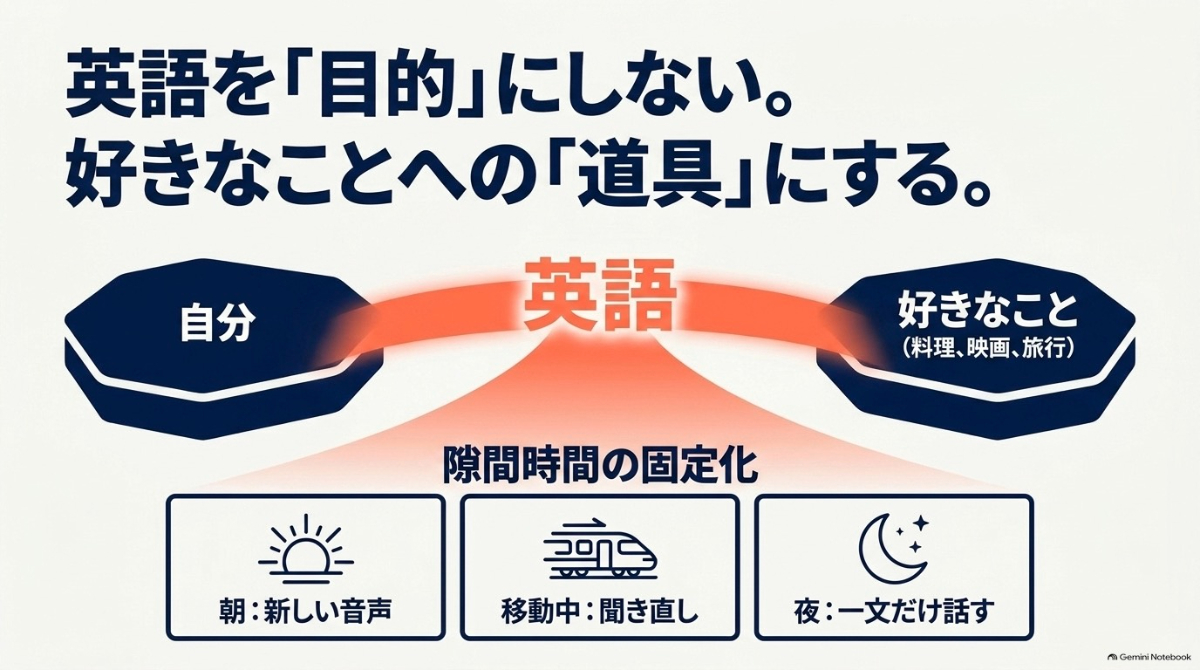 英語を目的とせず、料理や映画など好きなことへの道具にし、朝・移動中・夜と隙間時間を固定化してモチベーションを保つ方法の図解