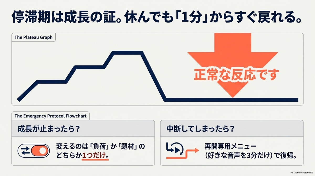 成長が止まって見える停滞期は正常な反応であり、中断しても戻れることを示すグラフとフローチャート