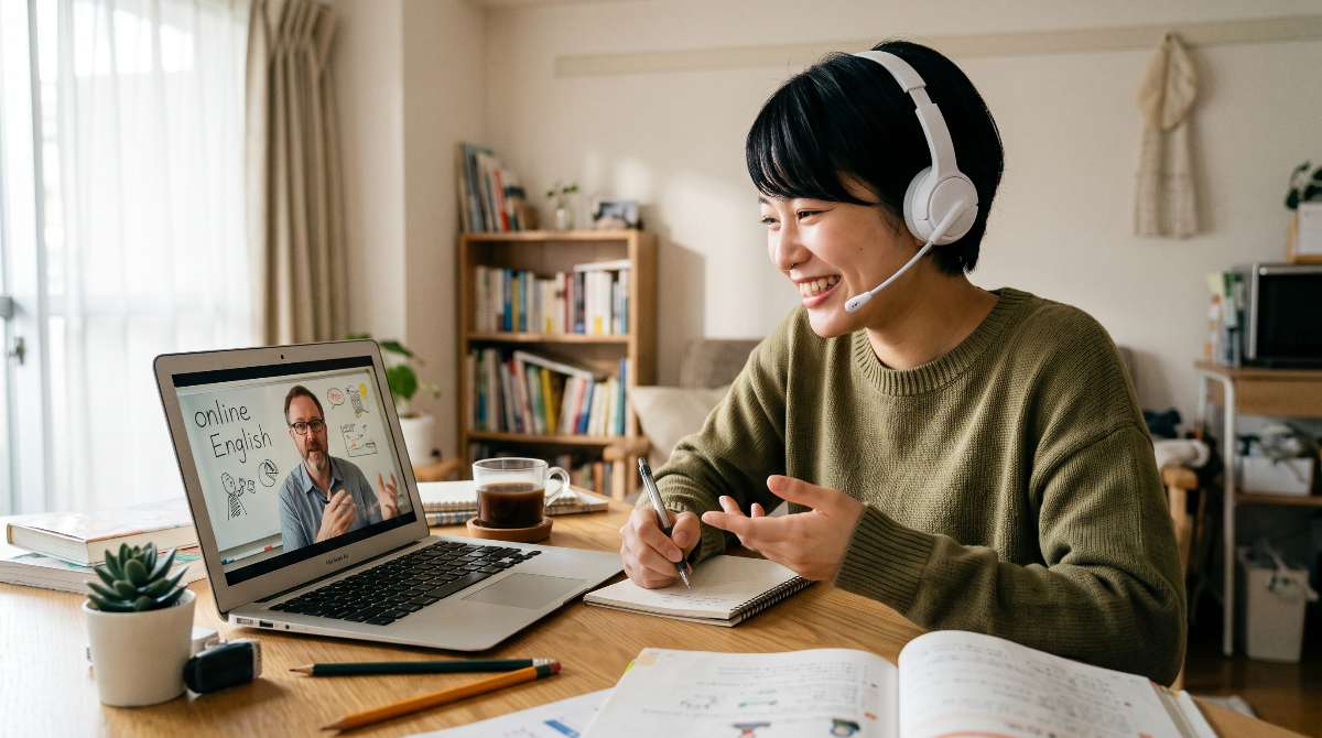 自宅のパソコンで外国人講師と笑顔でオンライン英会話レッスンを受講し、英語を話す機会を作っている日本人女性