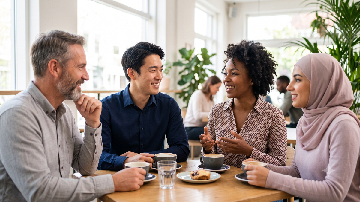 カフェで多国籍なメンバーで会話を楽しむ様子