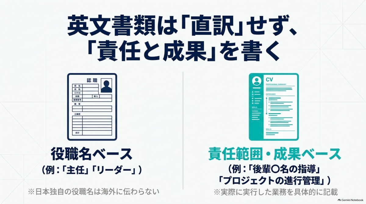 日本独自の役職名ベースではなく、責任範囲と成果ベースで英文書類を作成する図解