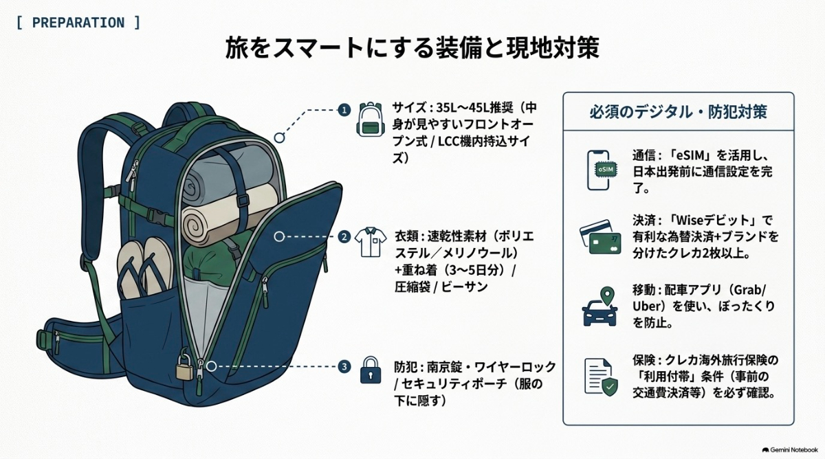 おすすめのバックパックや服装、持ち物での準備のポイントを示した図解