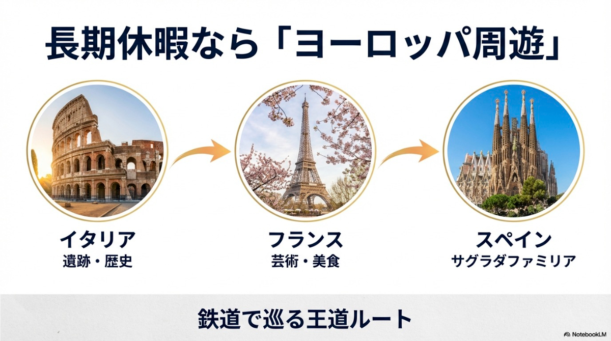 コロッセオやエッフェル塔の写真と共にイタリア、フランス、スペインの周遊ルートを紹介するスライド