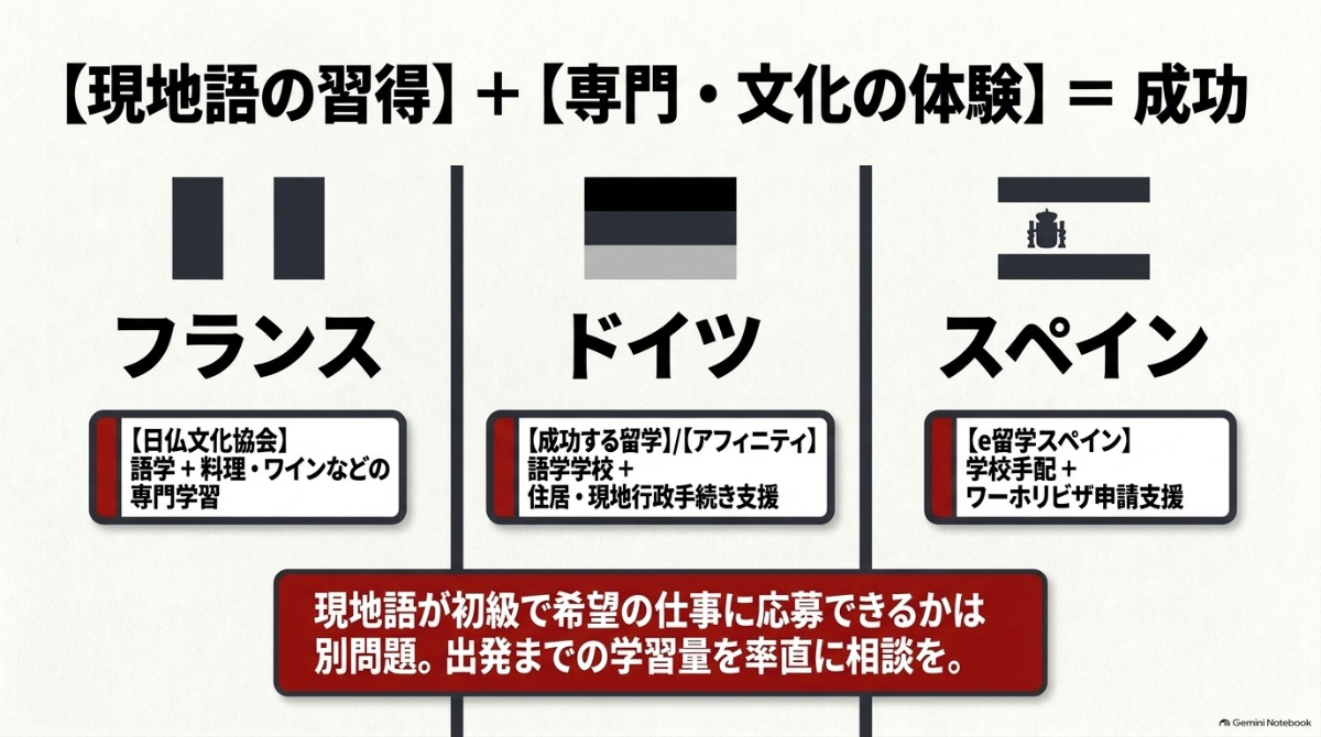 フランス(日仏文化協会)、ドイツ(成功する留学・アフィニティ)、スペイン(e留学スペイン)のワーホリ支援内容と現地語習得の重要性