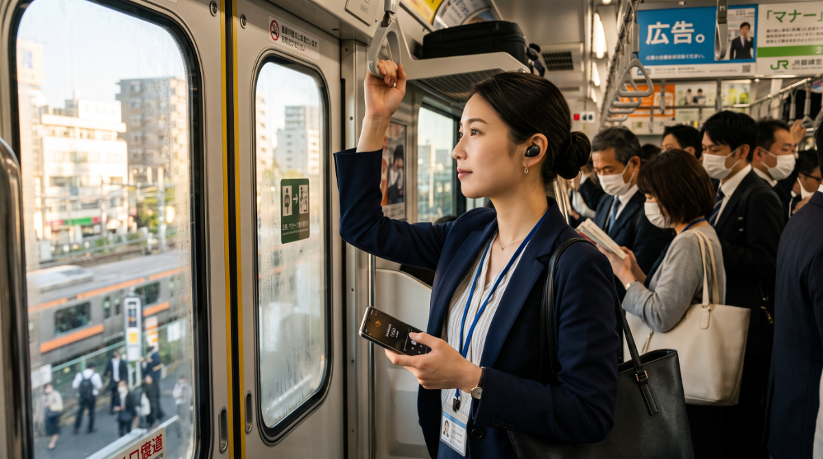 電車の隙間時間にオーディオを通して英語に触れる学習者の様子