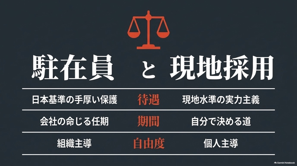 組織主導で日本基準の保護がある駐在員と個人主導で現地水準の実力主義となる現地採用を待遇・期間・自由度で比較した図