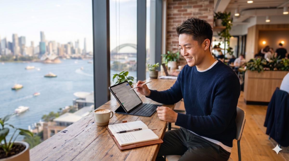 渡航先のオーストラリアのカフェで仕事探しをしている男性の様子