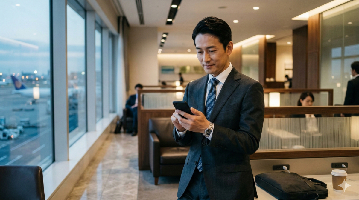 近代的な空港のビジネスラウンジで、安全な通信環境を利用して仕事の連絡を取る日本人ビジネスマン