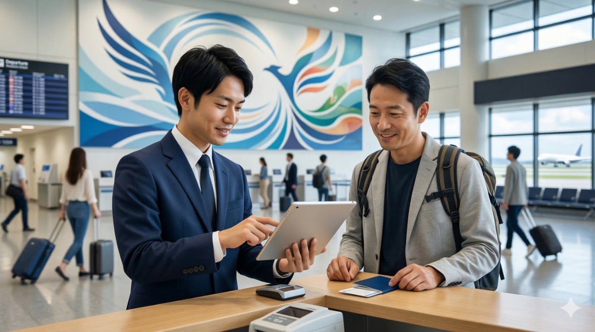 空港の航空会社チェックインカウンターで、日本人スタッフがタブレットを使いながら手続きを行っている様子。