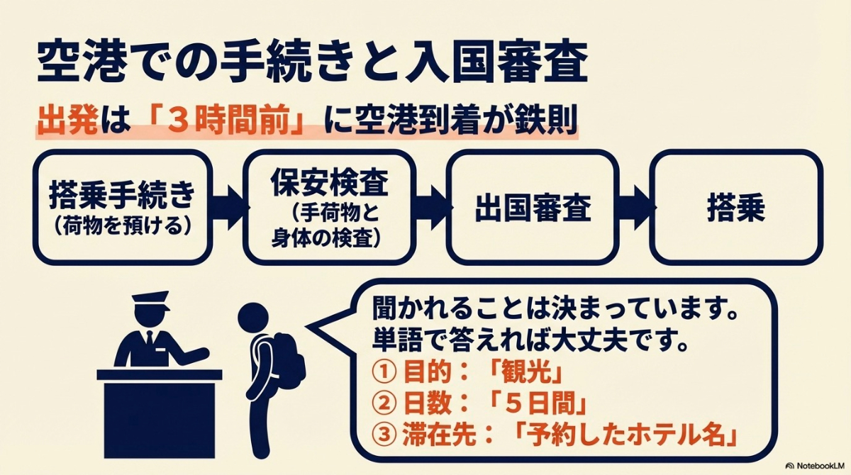3時間前到着の鉄則と搭乗手続きから入国審査で聞かれることの流れ