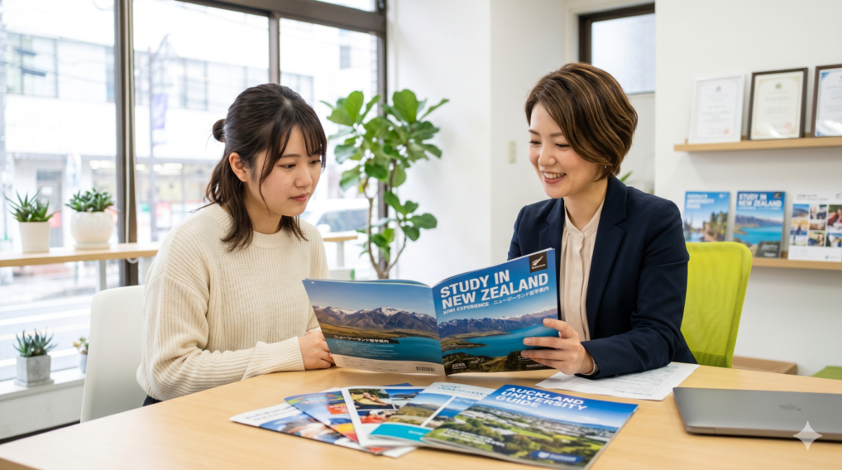 オフィスで日本人学生の相談に親身に乗る留学エージェントのカウンセラー