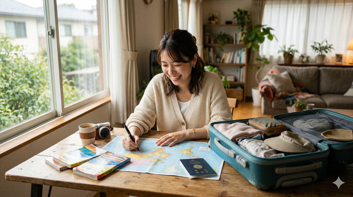 海外旅行の計画と準備をしている日本女性の様子
